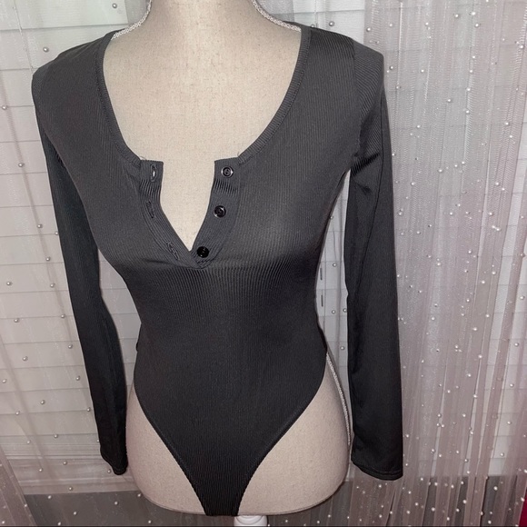 Grey Ribbed Button Up BodySuit - Picture 5 of 7